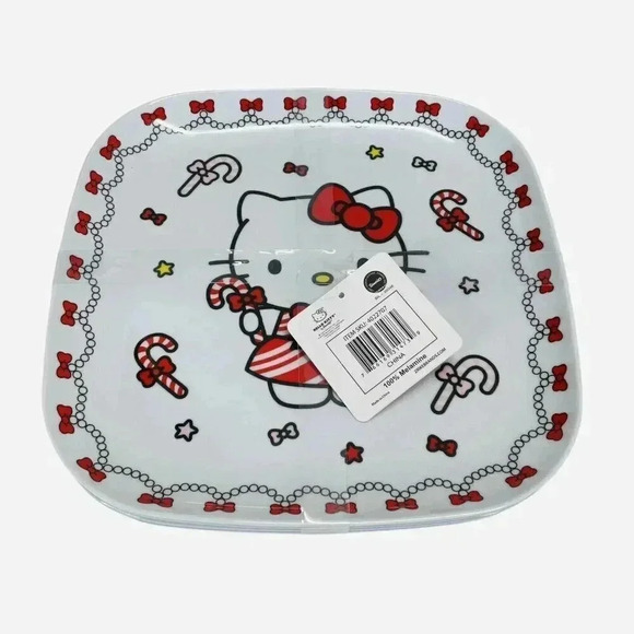 Hello Kitty Pink Melamine Candy Cane Christmas Dinner Plates Set of 4 - Picture 3 of 4